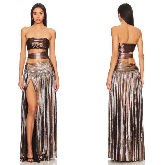 Retrofete Lia Strapless Cutout Pleated Ruched Metallic Ombre Maxi Dress Sz Small - Picture 1 of 8